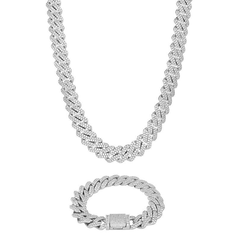 12mm Cuban Prong Chain & Bracelet - White Gold