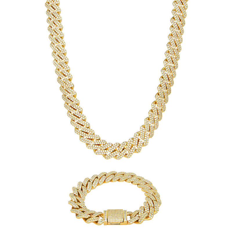 12mm Cuban Prong Chain & Bracelet - Gold