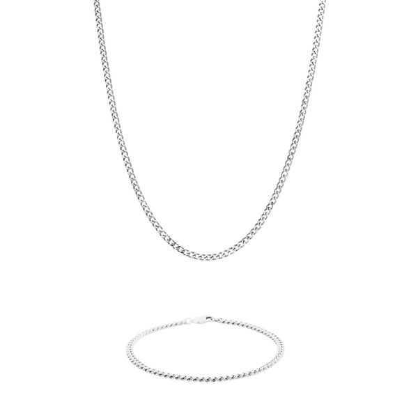 3mm Cuban Chain & Bracelet - White Gold