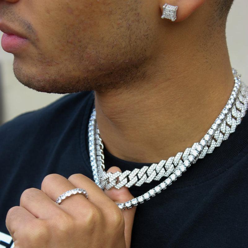 12mm Cuban Prong Chain & Bracelet - White Gold