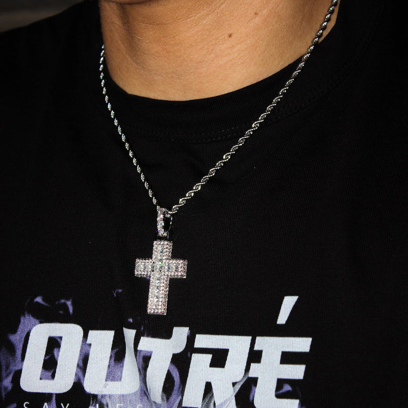 Baguette Cross Pendant - White Gold