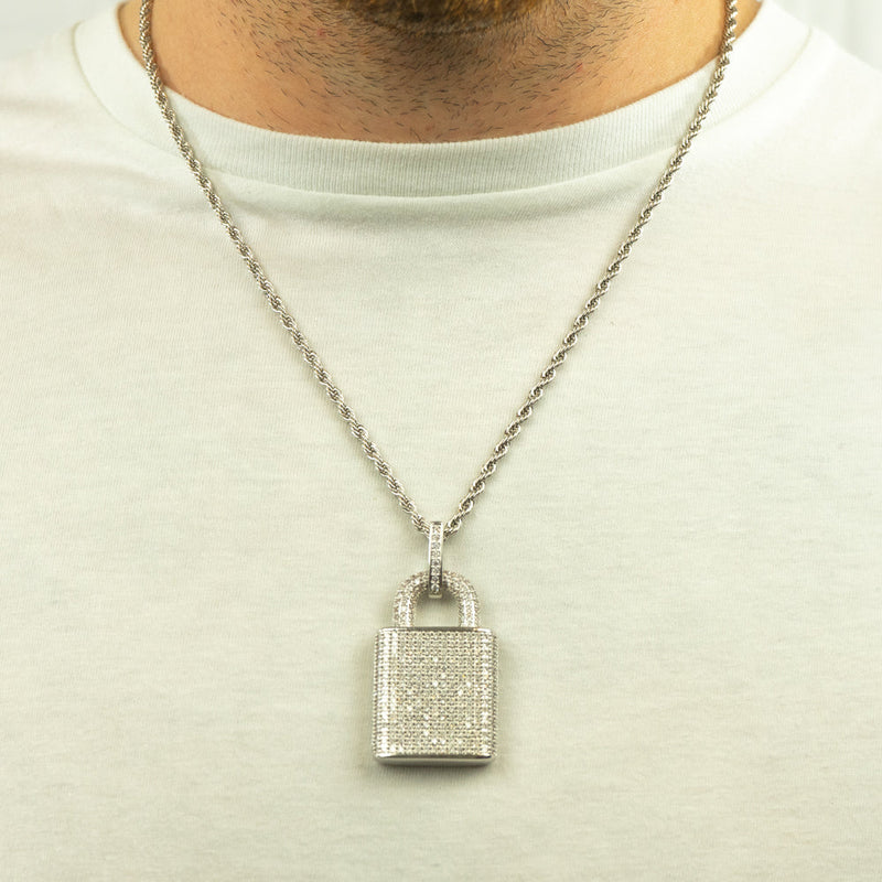 Iced Padlock Pendant - White Gold