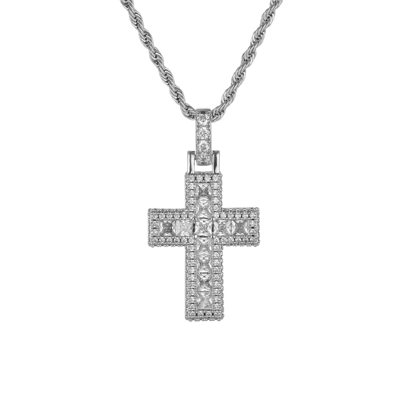 Baguette Cross Pendant - White Gold